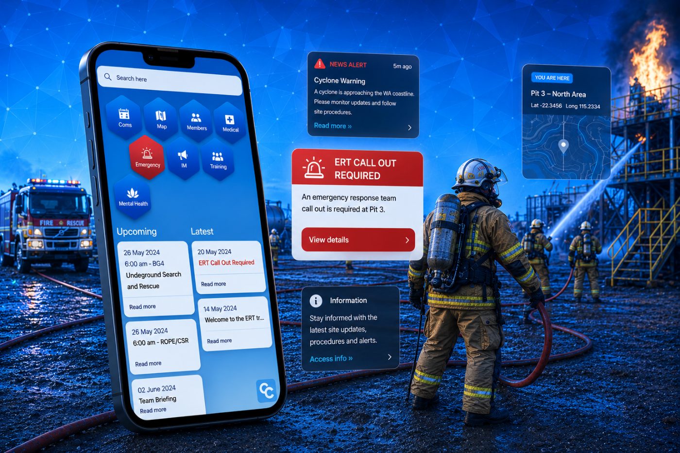 Co Connect ERT module: emergency home screen, ERT call-out alert, news alert and site location callouts