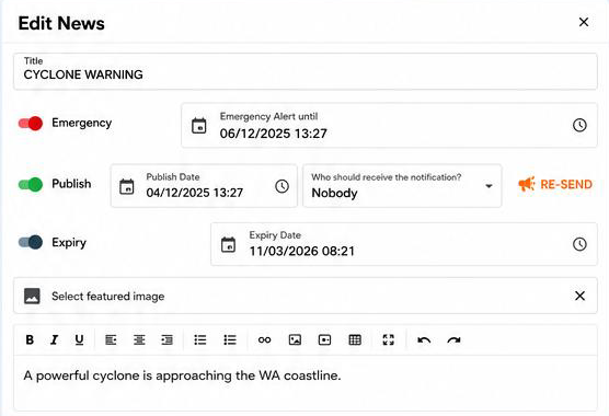Co Connect news editor showing emergency, publish and re-send controls