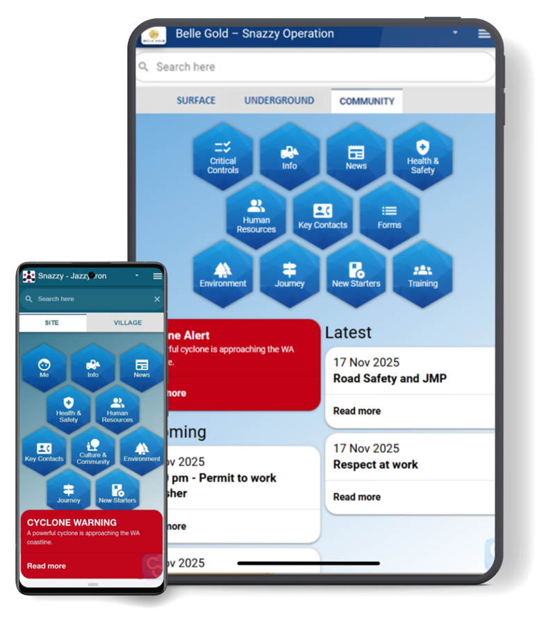 Co Connect app on a tablet and phone showing the home hexagon nav grid, alerts and latest updates