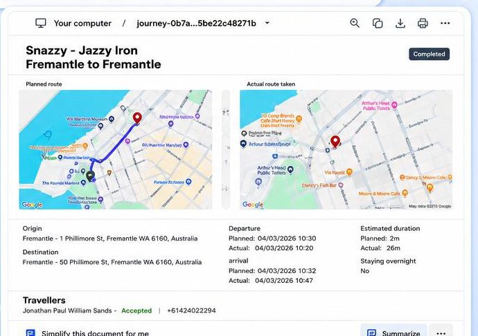 Journey PDF report showing planned route beside the actual GPS route taken