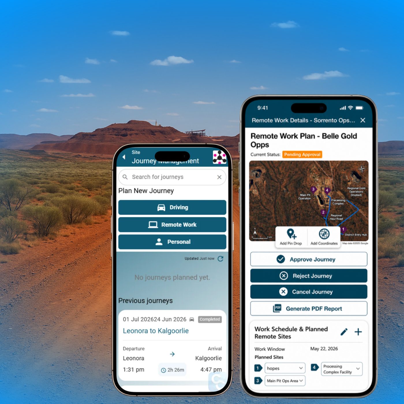 Two phones showing Co Connect Journey Management: planning a driving or remote-work journey, and a remote-work plan with a satellite site map and approval controls