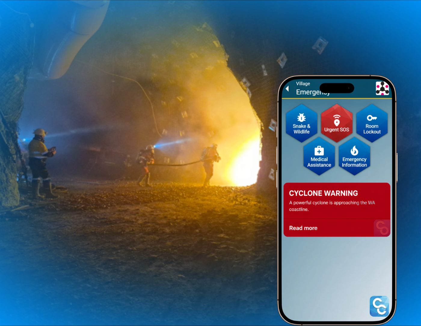 Emergency responders tackling an underground mine fire beside the Co Connect app emergency screen with Urgent SOS, medical assistance and a cyclone warning