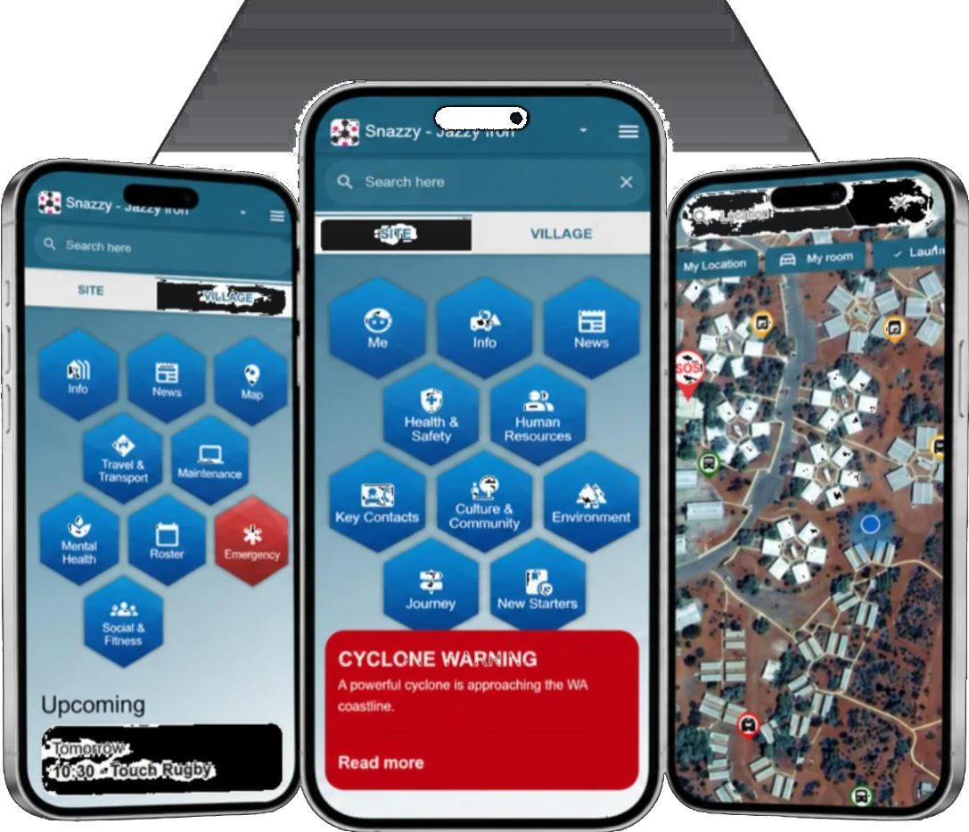 Three phones showing the Co Connect app: the site and village honeycomb menus and a satellite village map with SOS and location markers