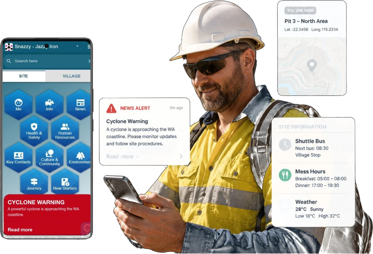 Co Connect workforce app home screen with site information, wayfinding and alert callouts